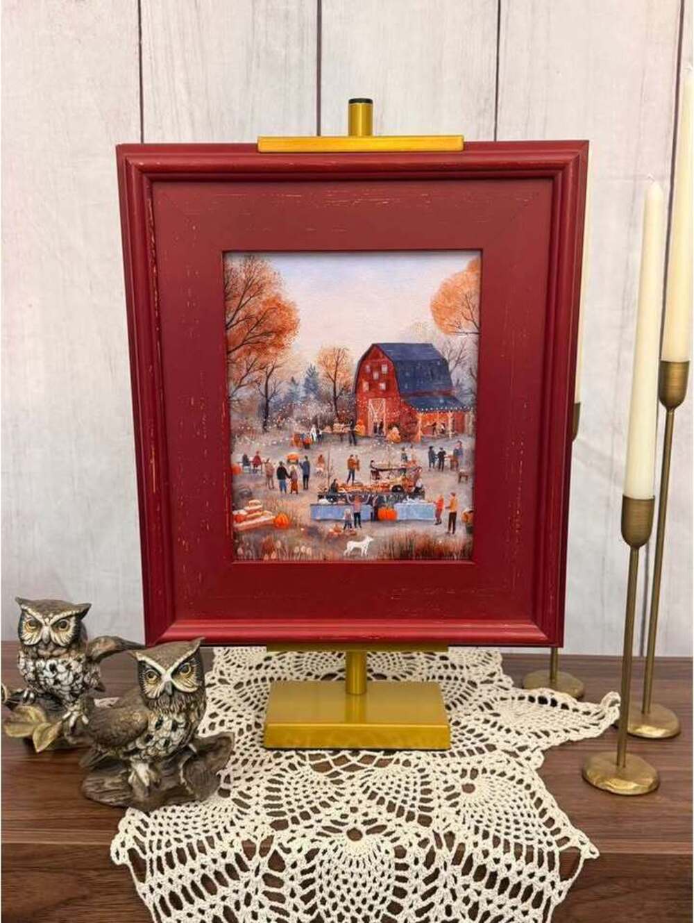 Framed Fall Folk Art Print Red Barn Harvest Scene 8x10 Distressed Red Frame
